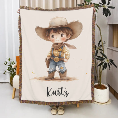 Personalized Cartoon Cowboy Tassel Blanket with Name