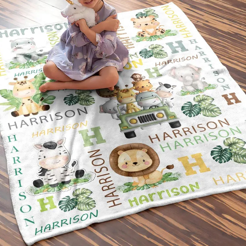 Personalized Safari Animal Blanket Boy, Baby Name Blanket