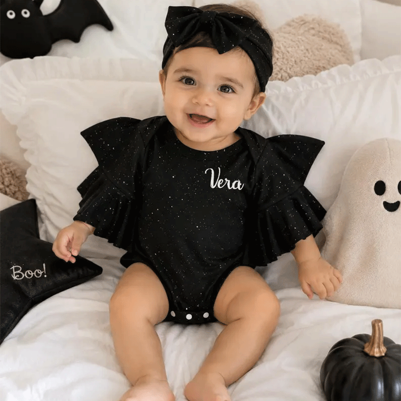 Glitter Batwing Romper: Custom Baby Girl Halloween Costume with Headband