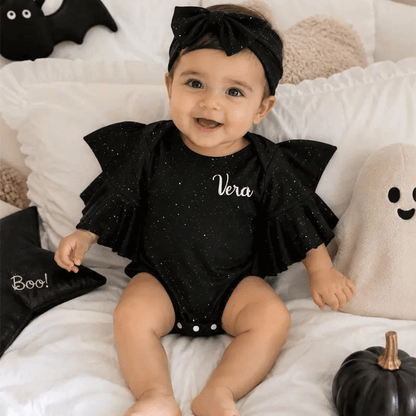 Glitter Batwing Romper: Custom Baby Girl Halloween Costume with Headband