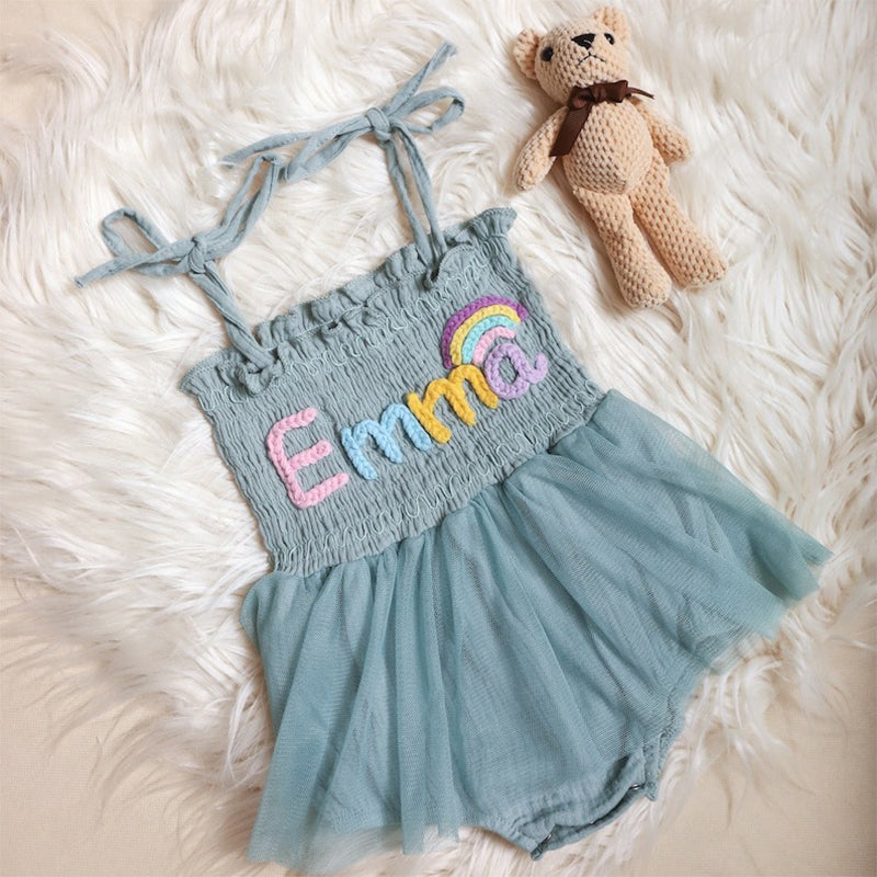 Custom Name Baby Tutu Dress, Hand Embroidered Baby Romper