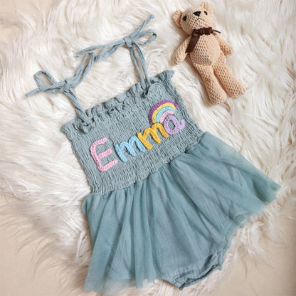 Custom Name Baby Tutu Dress, Hand Embroidered Baby Romper