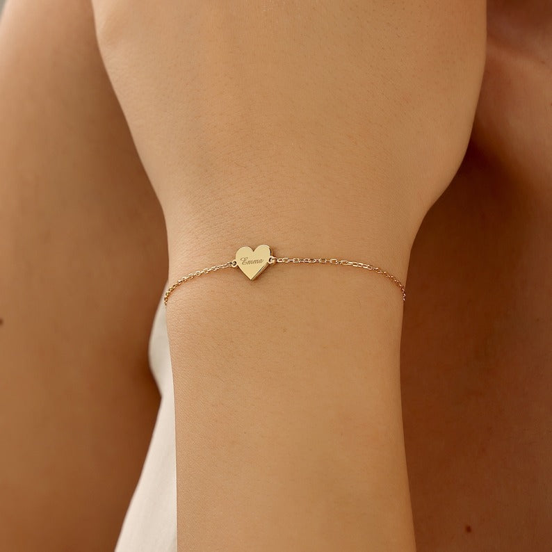 Custom Name Heart Bracelet, Tiny Heart Bracelet With Name