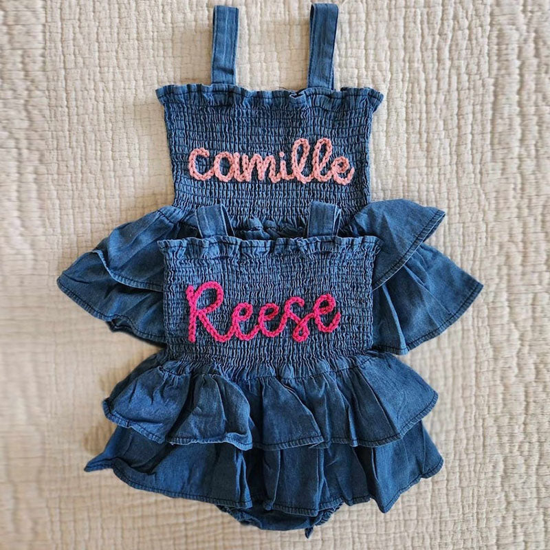 Hand Embroidered Denim Romper, Personalized Birthday Outfit with Name
