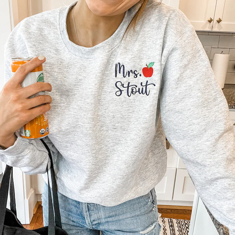 Personalized Teacher Crewneck Sweatshirt | Teacher Name and Apple Zip Popover