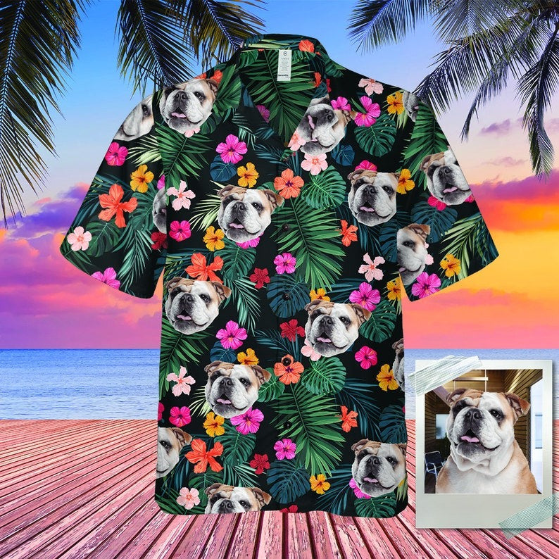 Personalized Photo Hawaiian Shirt Custom Dog Cat Face Holiday Tropical Pattern Shir