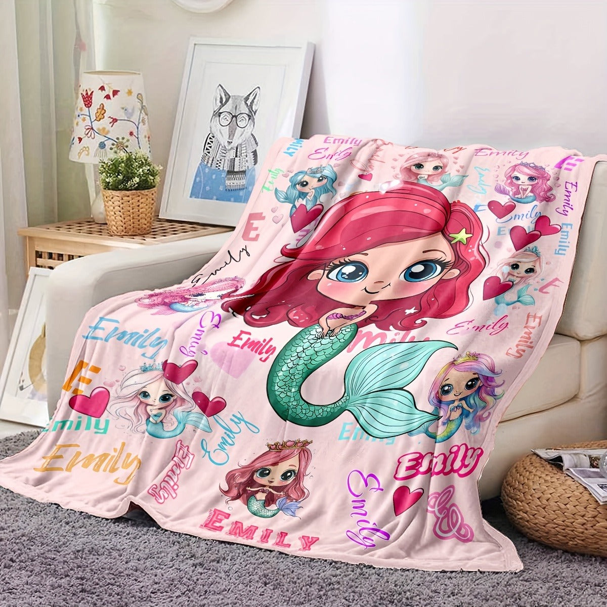 Personalized Mermaid Cartoon Blanket with Custom Name