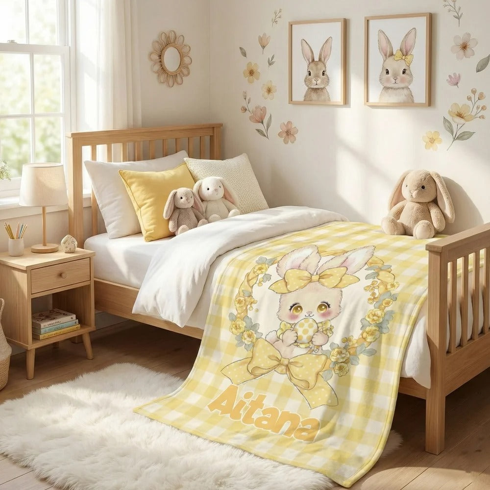 Personalized Multicolor Plaid Cute Polka-Dot Bow Bunny Easter Blanket Gift for Kids