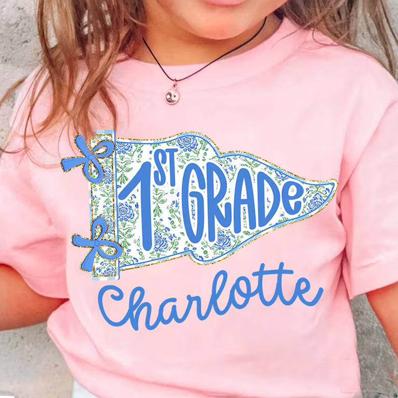 Personalized 1st Grade Shirt for Girls, Floral Pennant Back to School Shirt