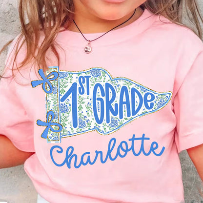 Personalized 1st Grade Shirt for Girls, Floral Pennant Back to School Shirt