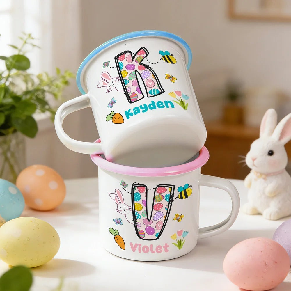 Personalized Cartoon Bunny Easter Eggs Initial 12 oz Enamel Mug