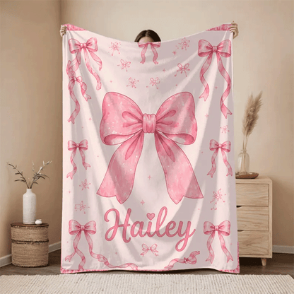 Custom Name Bow Blanket for Girls, Pink Coquette Blanket, girly Blanket