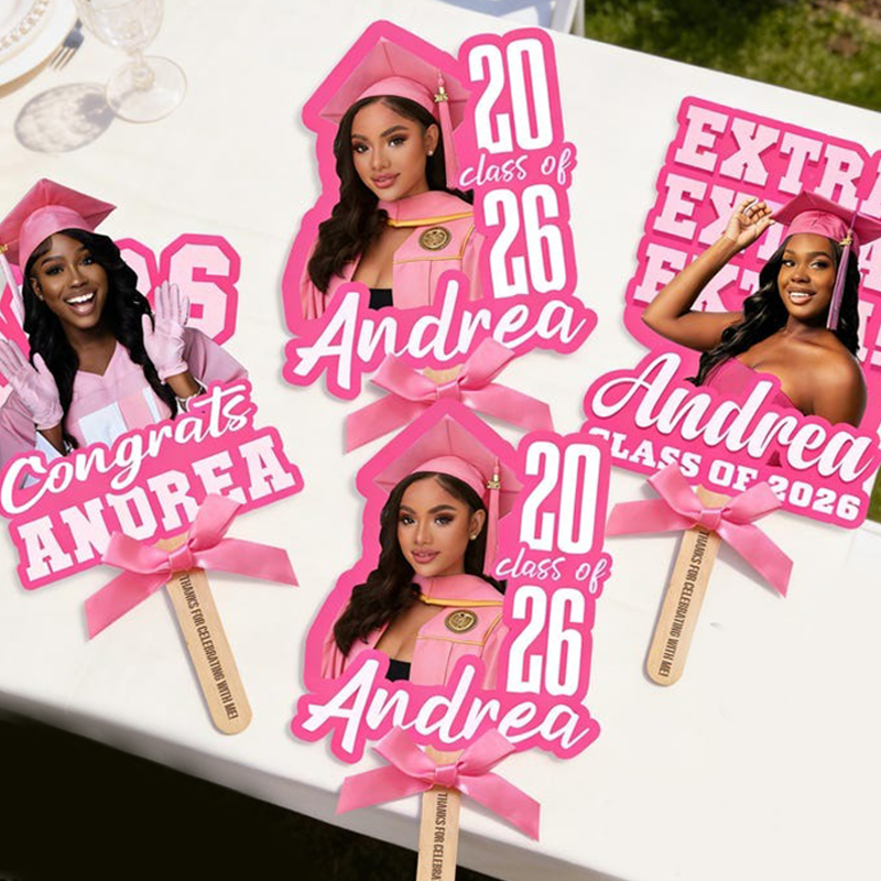 Custom Graduation Face Fan With Wooden Handle