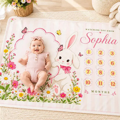 Personalized Bunny Baby Milestone Blanket, Floral Monthly Milestone Blanket