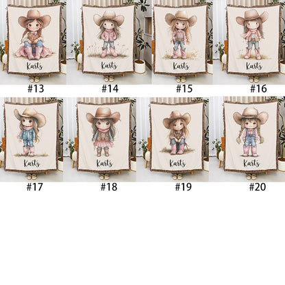 Personalized Cartoon Cowboy Tassel Blanket with Name