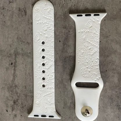 Apple Watch Silicone Sports Band / Strap - Engraved Wild Flowers Design