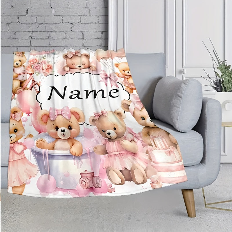 Personalized Name Design, Soft & Warm Cartoon Bear Print Blanket