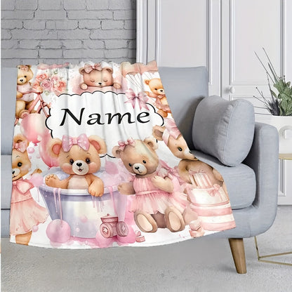 Personalized Name Design, Soft & Warm Cartoon Bear Print Blanket