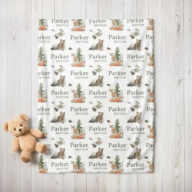 Personalized Forest Animal Baby Blanket, Custom Baby Name Blanket