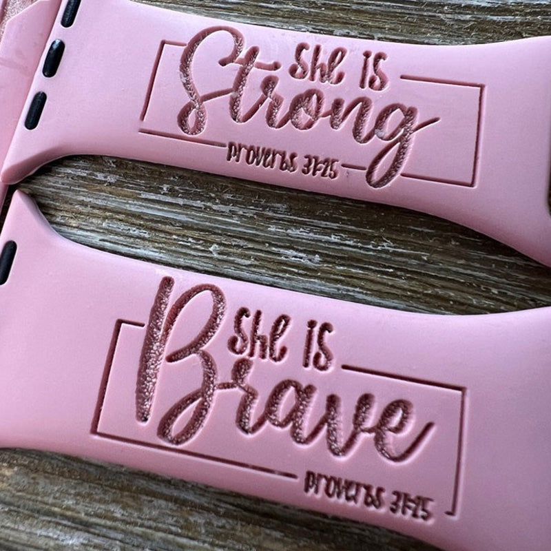 Apple Watch Band Sayings She is Strong Proverbs 31:25 Gifts for her Personalized Engraved iWatch Band Silicone Watch