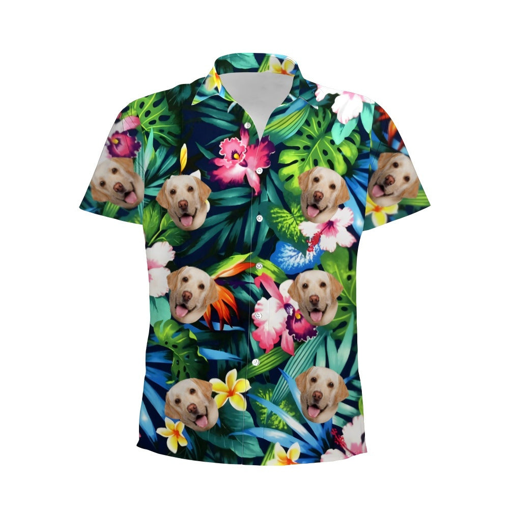 Personalized Photo Hawaiian Shirt Custom Dog Cat Face Holiday Tropical Pattern Shir