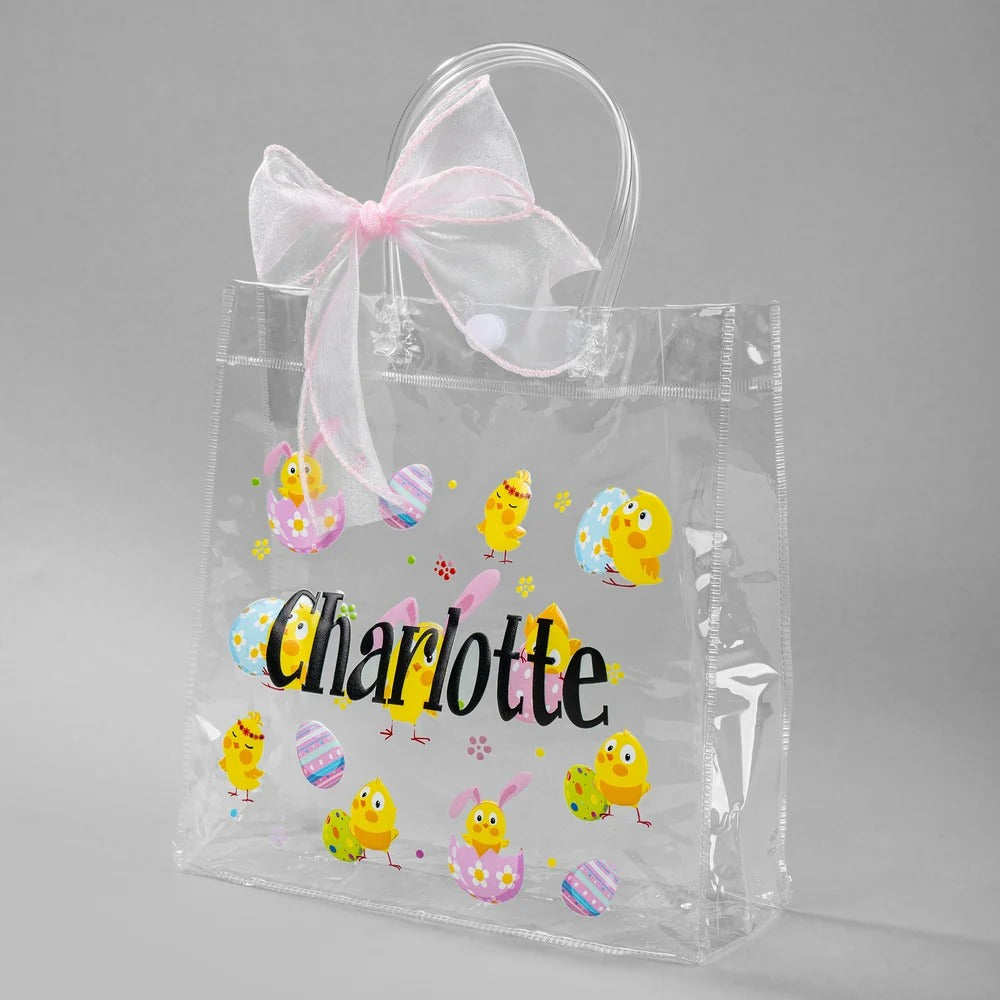 Personalized Pink Bow Ribbon Colorful Easter Eggs Chicks Clear Gift Bag