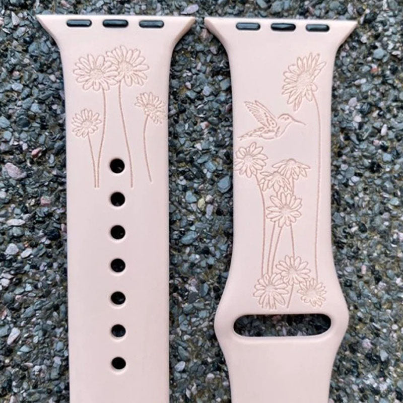 Hummingbird Design, Flower Watchband, Floral Engraved Band, Hummingbirds Band
