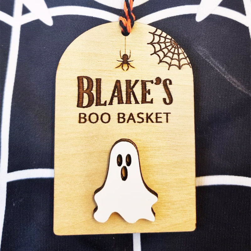 Personalised Boo Basket Tag, Wooden Halloween Gift