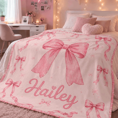 Custom Name Bow Blanket for Girls, Pink Coquette Blanket, girly Blanket
