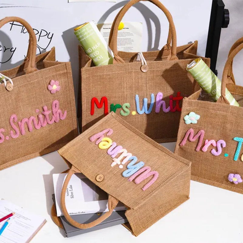 Personalized Burlap Teacher Tote Bag,Custom Crochet Name Tote Bag