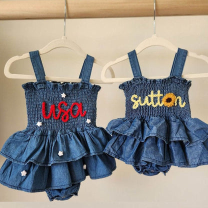 Hand Embroidered Denim Romper, Personalized Birthday Outfit with Name