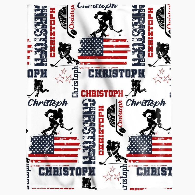 Personalized Hockey Boy US Flag Blanket Custom Name Patriotic Hockey Throw