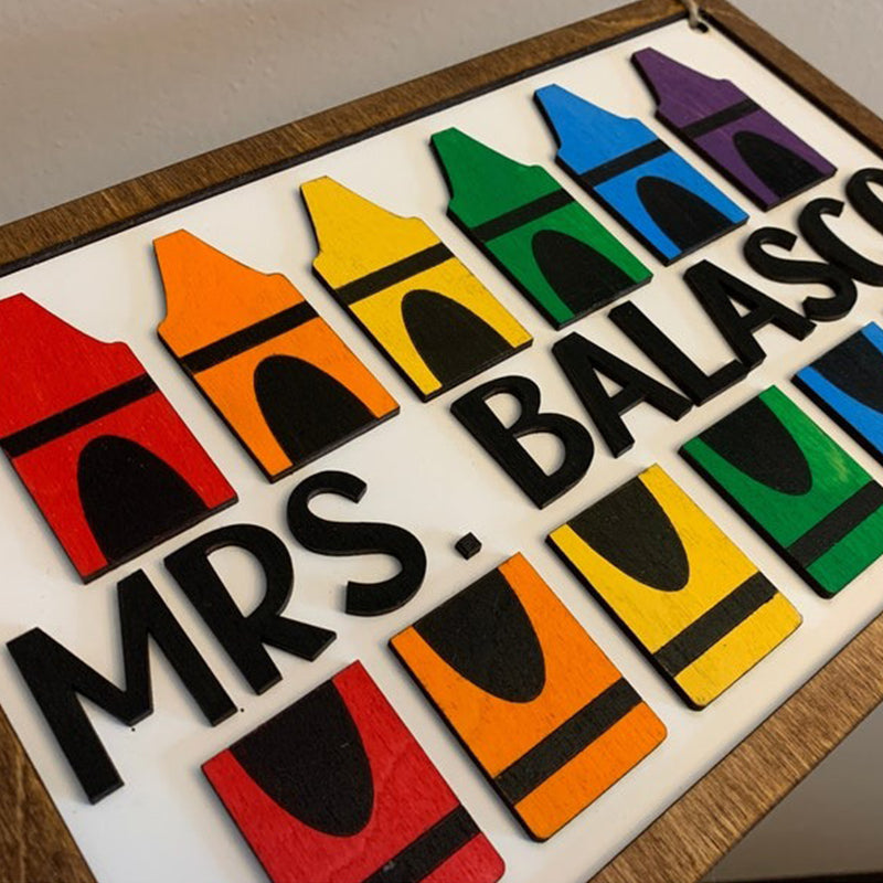 Personalized Teacher Rainbow Crayon Wood Door Sign
