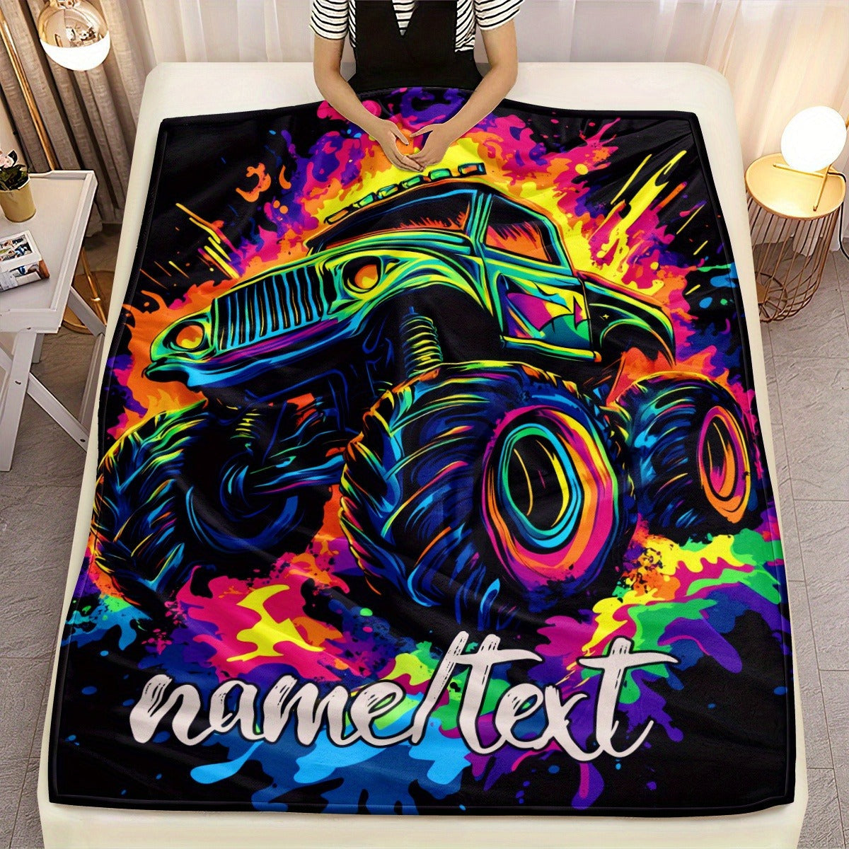Glam Style Custom Name Monster Truck Flannel Throw Blanket