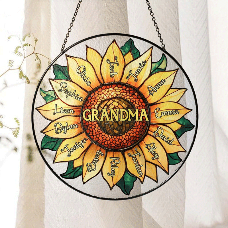 Personalized Grandma Grandkids Sunflower Stained Glass Suncatcher