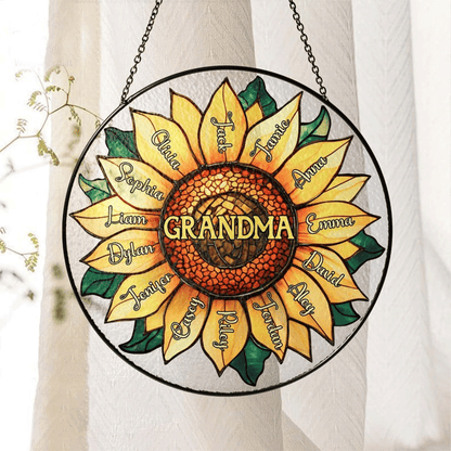 Personalized Grandma Grandkids Sunflower Stained Glass Suncatcher