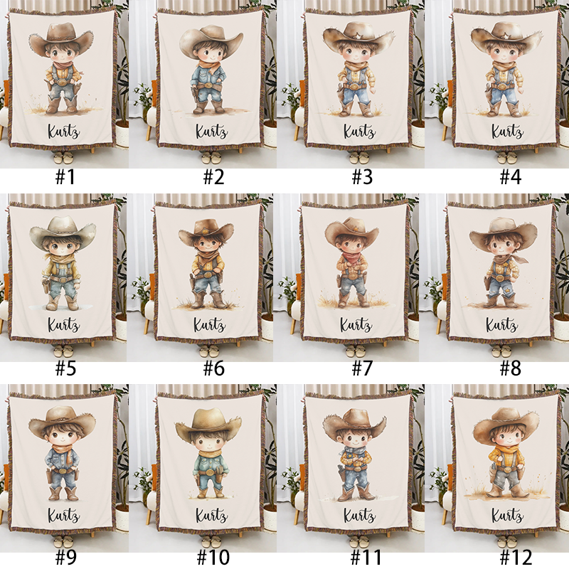 Personalized Cartoon Cowboy Tassel Blanket with Name