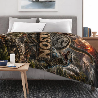 Personalized Dinosaur Blanket Custom Jurassic Flannel Throw T-Rex Kids Name Blanket