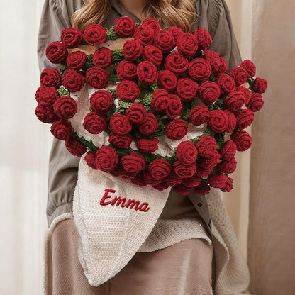 Personalized Crochet Rose Bouquet Blanket: Embroidered Name, Cotton Throw