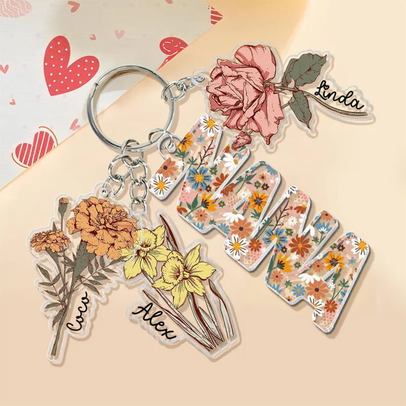 Personalized Mother's Day Gift For Mom, Custom Grandma Keychain With Birth Month Flowers