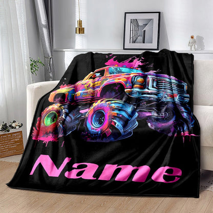Personalized Flannel Blanket Featuring a Customized Monster Trucks