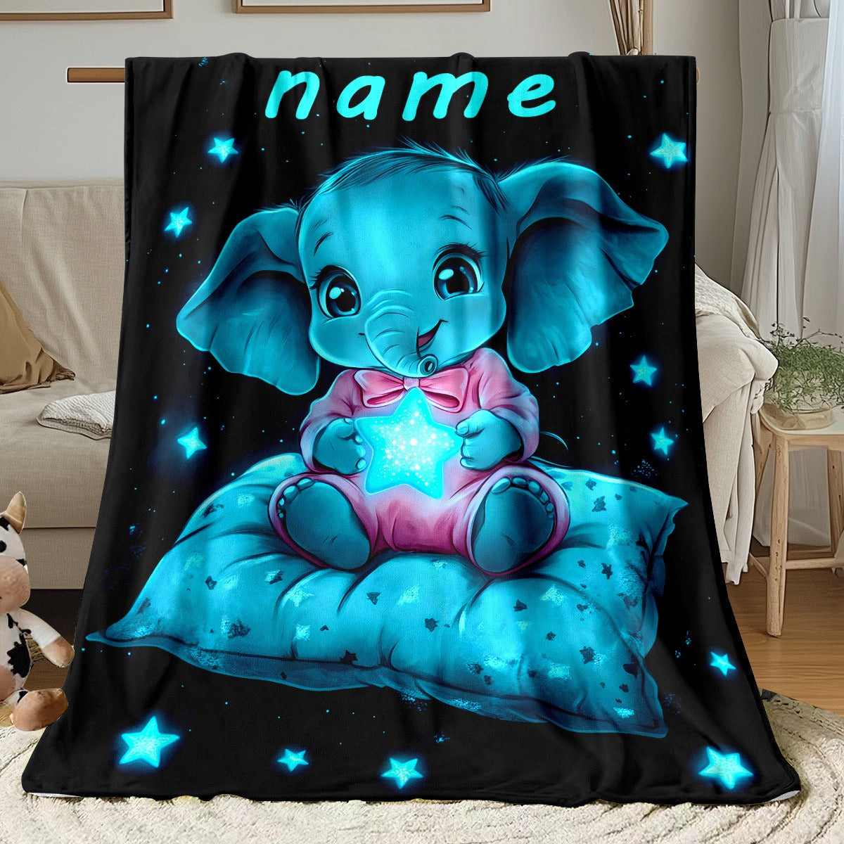 Personalized Name Starry Night Elephant Blanket – Soft Flannel