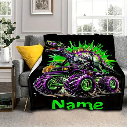 Creative Dinosaur Off-Road Truck Pattern Text Custom Flannel Print Blanket