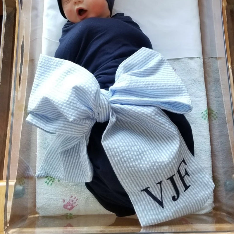 Monogrammed Newborn Infant Baby Seersucker Bow Sash Blanket
