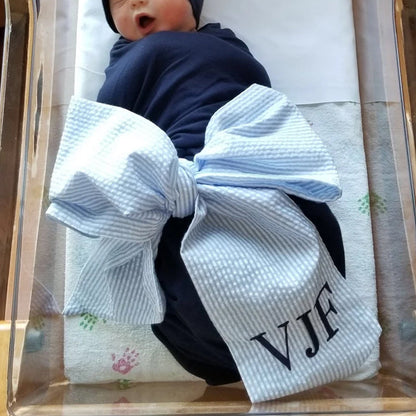 Monogrammed Newborn Infant Baby Seersucker Bow Sash Blanket