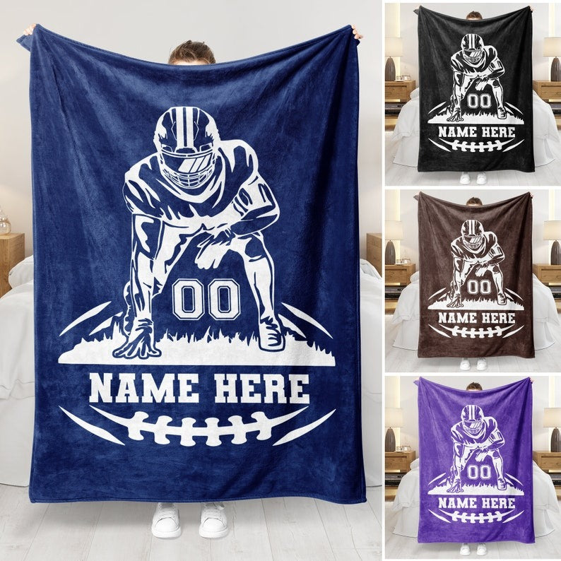 Customizable American Football Design Blue Flannel Blanket, Personalized Name
