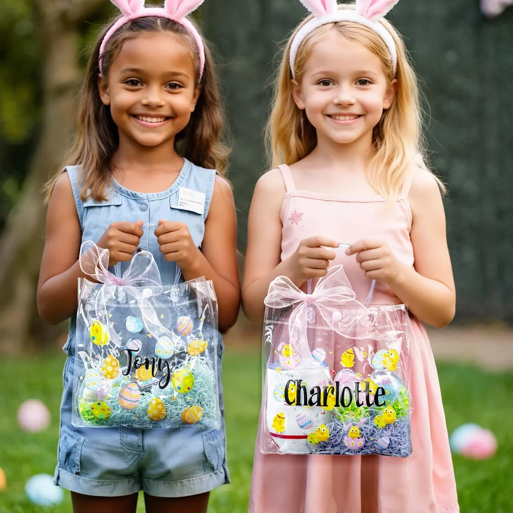 Personalized Pink Bow Ribbon Colorful Easter Eggs Chicks Clear Gift Bag
