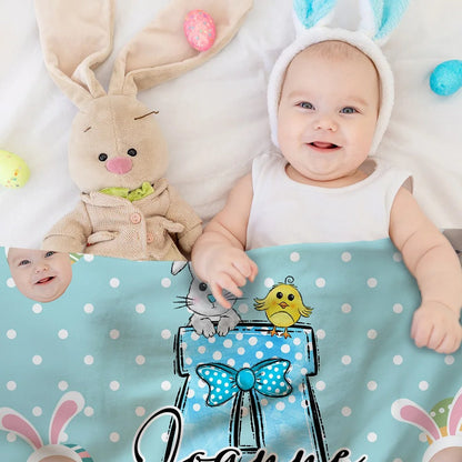 Personalized Easter Colorful Polka Dot Bunny Chick Initial   & Face Photos Blankets