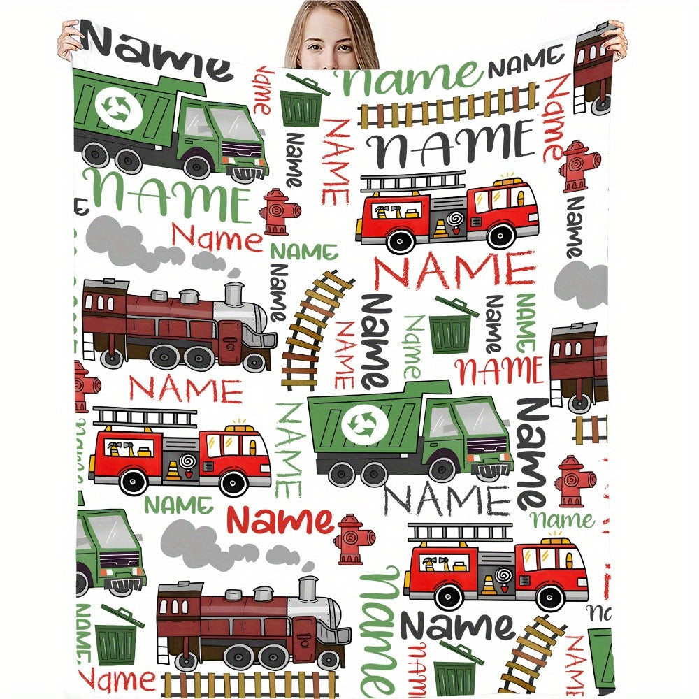 Personalized Name Vehicle Blanket: Customizable with Trains, Fire Trucks