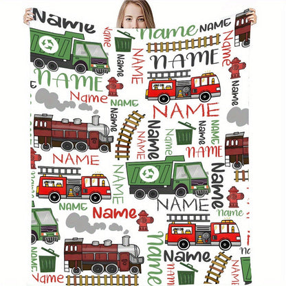 Personalized Name Vehicle Blanket: Customizable with Trains, Fire Trucks